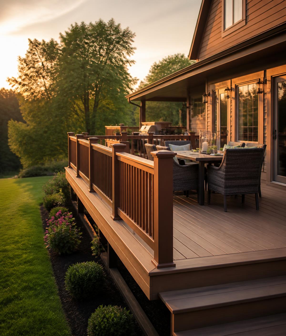 Newly built residential composite deck on a suburban home at golden hour